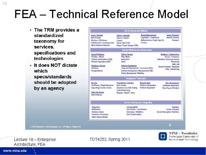 15 FEA – Technical Reference Model Lecture 18 – Enterprise Architecture, FEA TDT 4252,