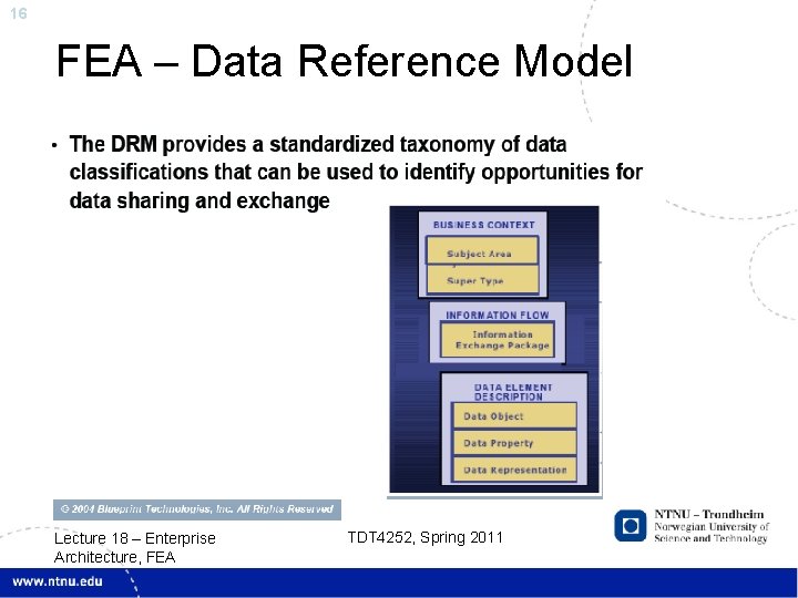 16 FEA – Data Reference Model Lecture 18 – Enterprise Architecture, FEA TDT 4252,