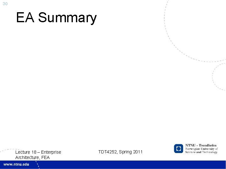 30 EA Summary Lecture 18 – Enterprise Architecture, FEA TDT 4252, Spring 2011 