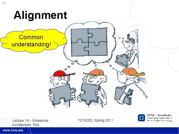 32 Alignment Common understanding! Lecture 18 – Enterprise Architecture, FEA TDT 4252, Spring 2011
