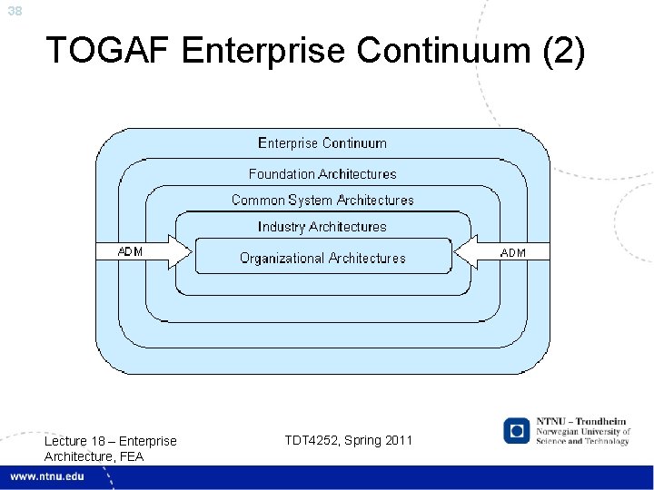 38 TOGAF Enterprise Continuum (2) Lecture 18 – Enterprise Architecture, FEA TDT 4252, Spring