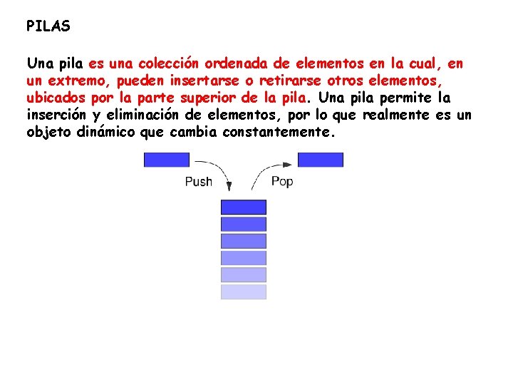 PILAS Una pila es una colección ordenada de elementos en la cual, en un