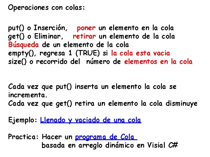 Operaciones con colas: put() o Inserción, poner un elemento en la cola get() o