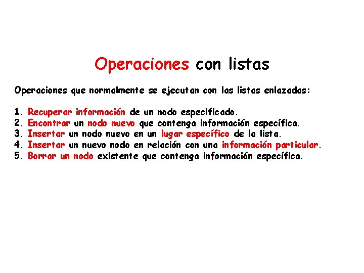 Operaciones con listas Operaciones que normalmente se ejecutan con las listas enlazadas: 1. 2.