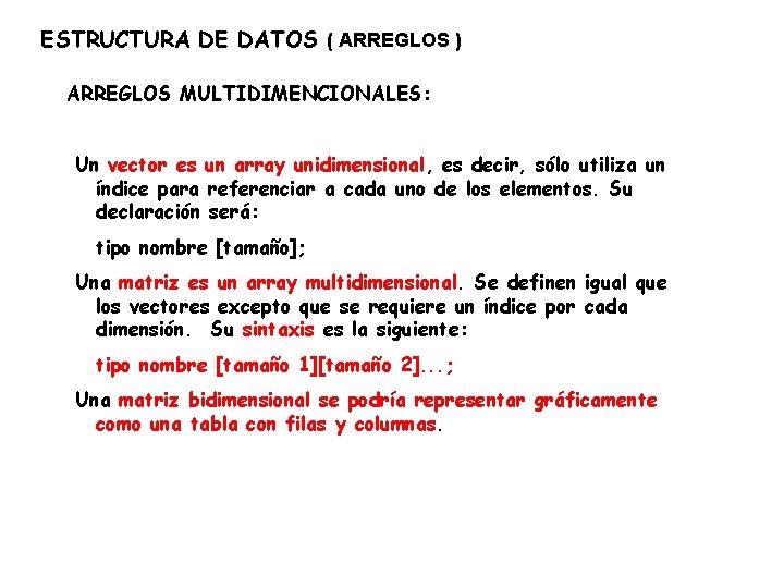 ESTRUCTURA DE DATOS ( ARREGLOS ) ARREGLOS MULTIDIMENCIONALES: Un vector es un array unidimensional,