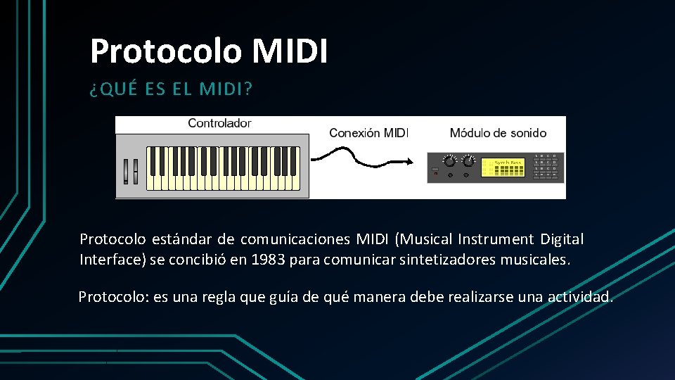 Protocolo MIDI ¿QUÉ ES EL MIDI? Protocolo estándar de comunicaciones MIDI (Musical Instrument Digital