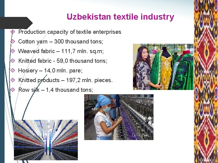 Uzbekistan textile industry Production capacity of textile enterprises Cotton yarn – 300 thousand tons;