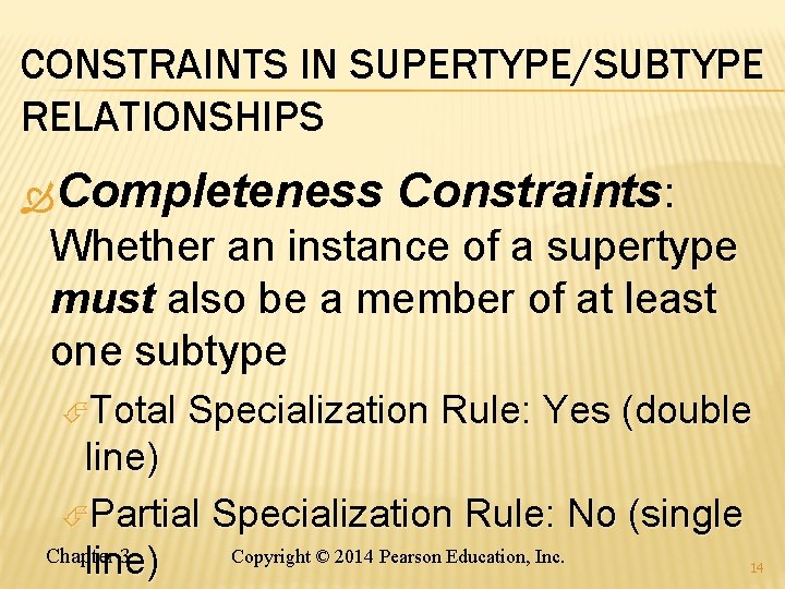 CONSTRAINTS IN SUPERTYPE/SUBTYPE RELATIONSHIPS Completeness Constraints: Whether an instance of a supertype must also