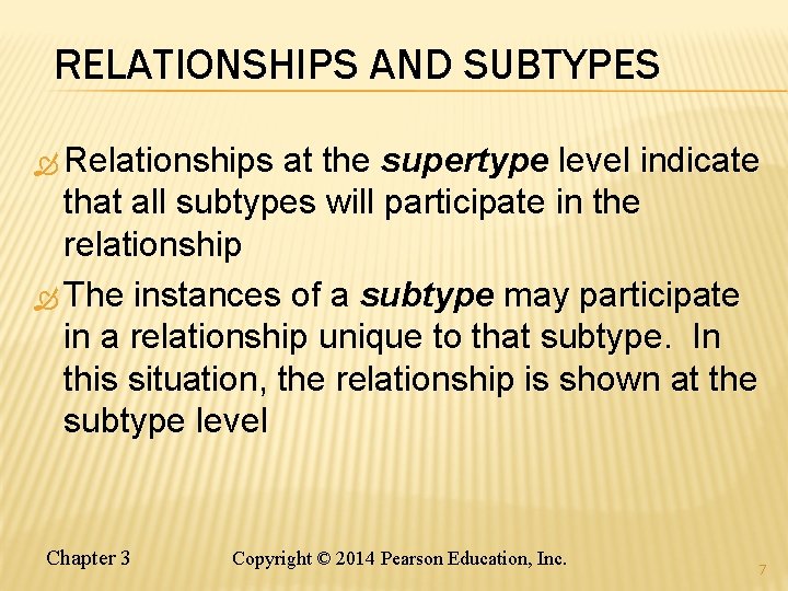 RELATIONSHIPS AND SUBTYPES Relationships at the supertype level indicate that all subtypes will participate