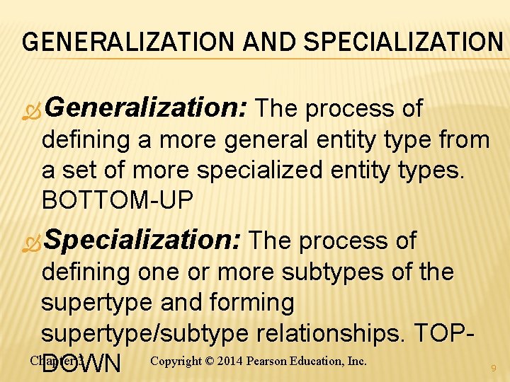 GENERALIZATION AND SPECIALIZATION Generalization: The process of defining a more general entity type from