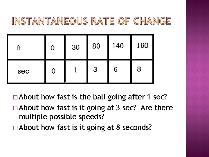� About how fast is the ball going after 1 sec? � About how