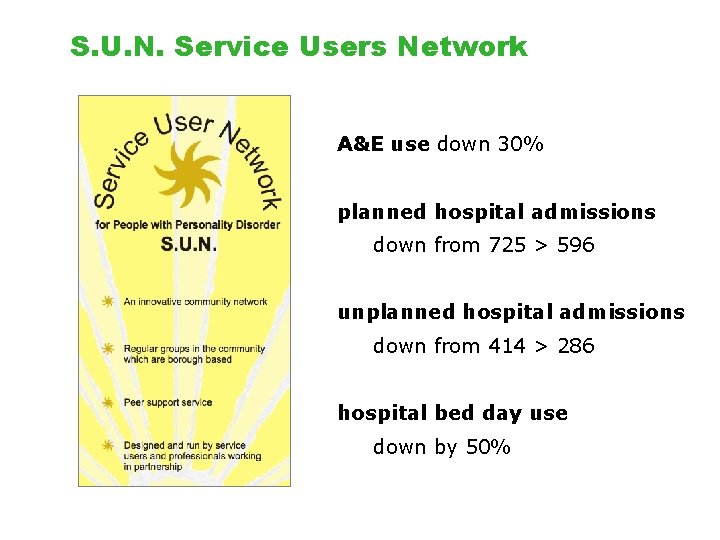 S. U. N. Service Users Network A&E use down 30% planned hospital admissions down