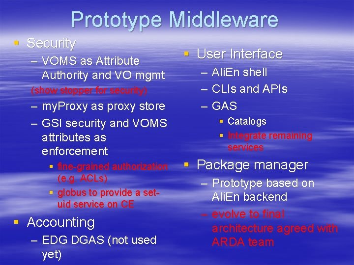 Prototype Middleware § Security – VOMS as Attribute Authority and VO mgmt (show stopper