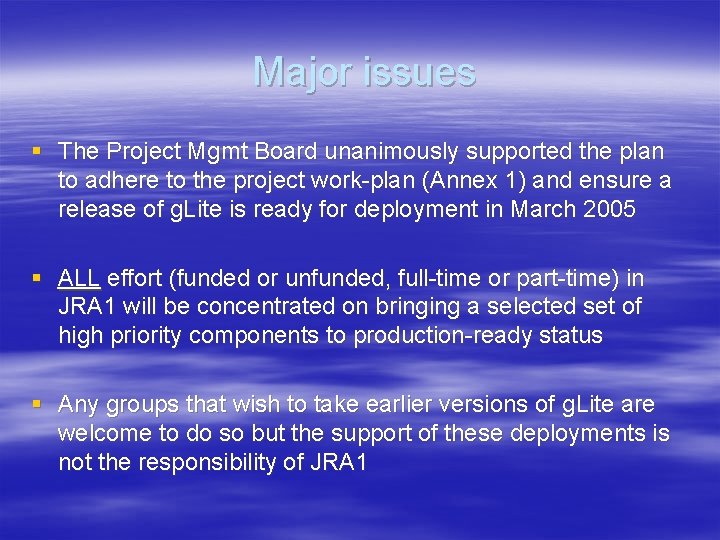  Major issues § The Project Mgmt Board unanimously supported the plan to adhere