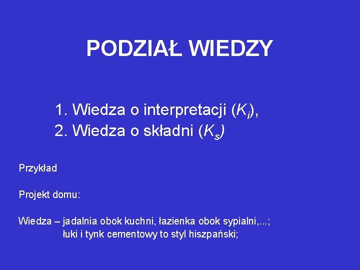 PODZIAŁ WIEDZY 1. Wiedza o interpretacji (Ki), 2. Wiedza o składni (Ks) Przykład Projekt