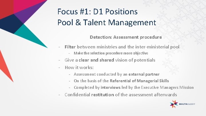 Focus #1: D 1 Positions Pool & Talent Management Detection: Assessment procedure - Filter