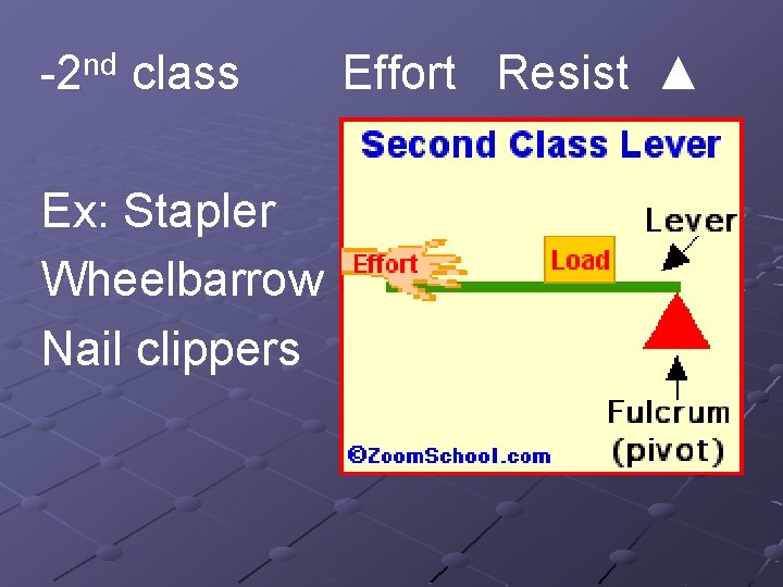 -2 nd class Ex: Stapler Wheelbarrow Nail clippers Effort Resist ▲ 