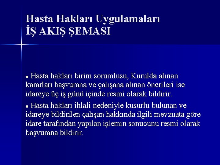 Hasta Hakları Uygulamaları İŞ AKIŞ ŞEMASI Hasta hakları birim sorumlusu, Kurulda alınan kararları başvurana