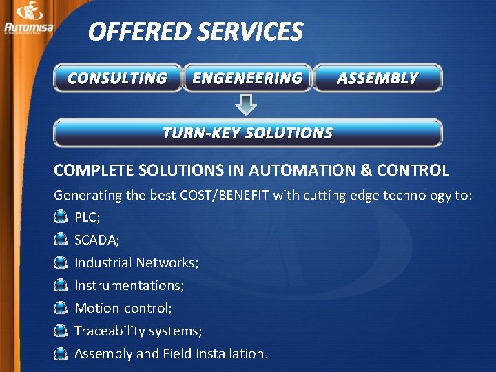 OFFERED SERVICES CONSULTING ENGENEERING ASSEMBLY TURN-KEY SOLUTIONS COMPLETE SOLUTIONS IN AUTOMATION & CONTROL Generating