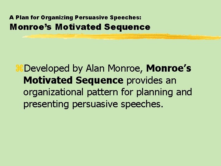A Plan for Organizing Persuasive Speeches: Monroe’s Motivated Sequence z. Developed by Alan Monroe,
