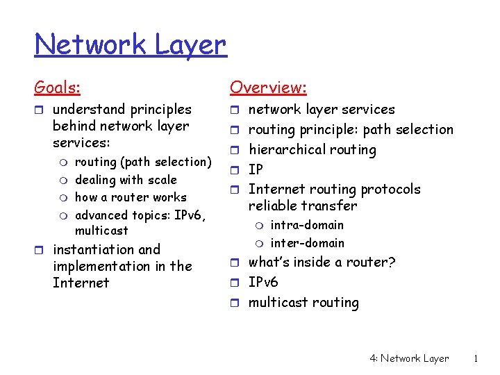 Network Layer Goals: Overview: r understand principles r network layer services behind network layer