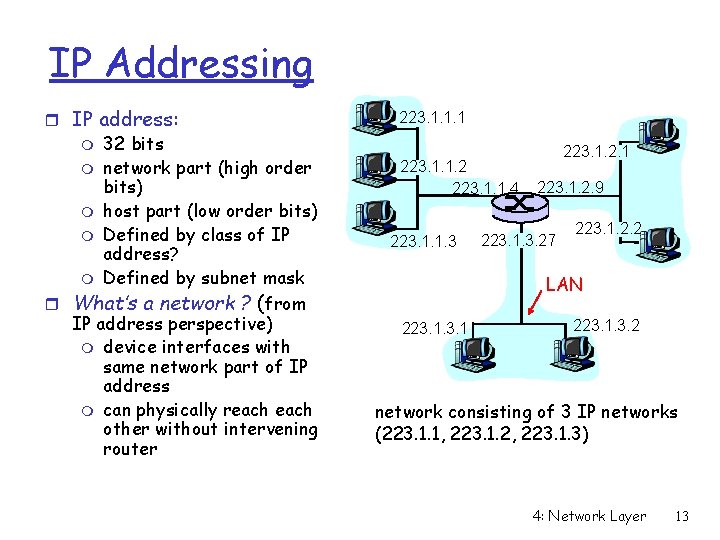 IP Addressing r IP address: m 32 bits m network part (high order bits)