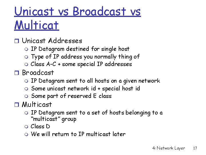 Unicast vs Broadcast vs Multicat r Unicast Addresses m IP Datagram destined for single