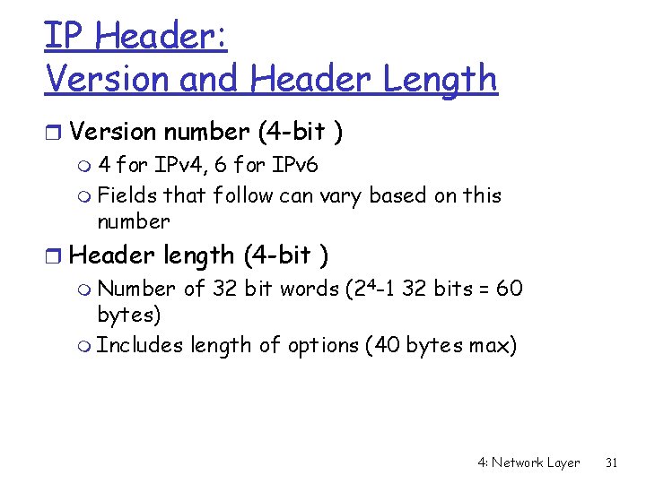 IP Header: Version and Header Length r Version number (4 -bit ) m 4