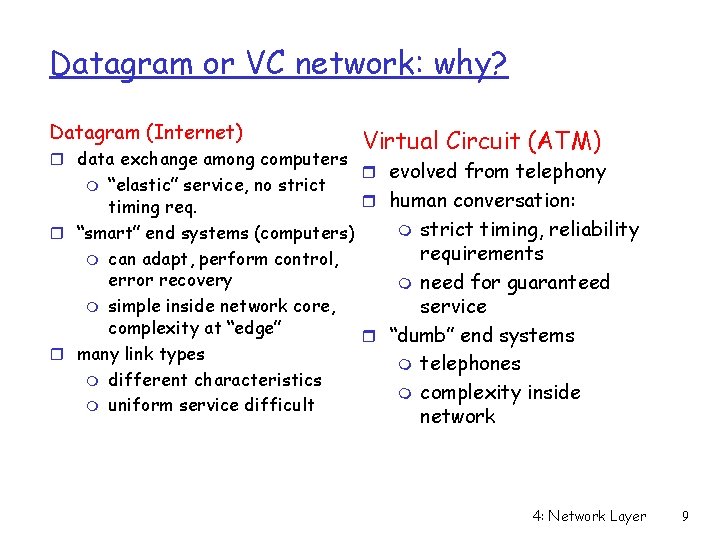 Datagram or VC network: why? Datagram (Internet) r data exchange among computers Virtual Circuit