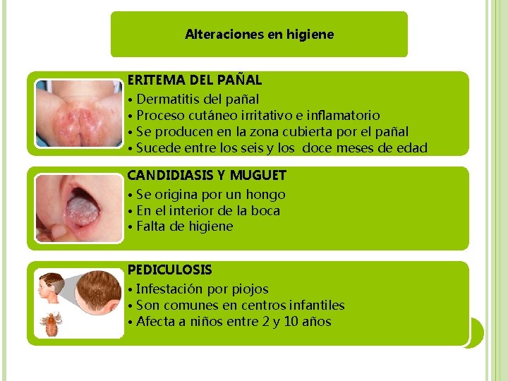 Alteraciones en higiene ERITEMA DEL PAÑAL • Dermatitis del pañal • Proceso cutáneo irritativo Alteraciones en higiene ERITEMA DEL PAÑAL • Dermatitis del pañal • Proceso cutáneo irritativo