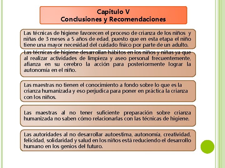 Capitulo V Conclusiones y Recomendaciones Las técnicas de higiene favorecen el proceso de crianza