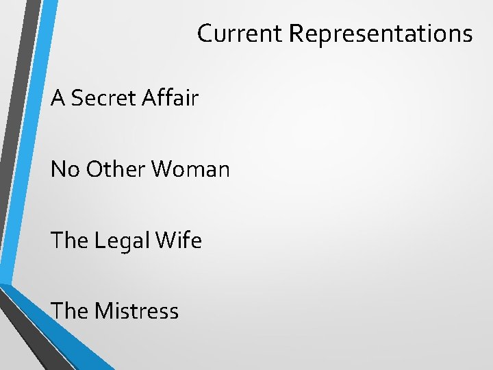 Current Representations A Secret Affair No Other Woman The Legal Wife The Mistress 