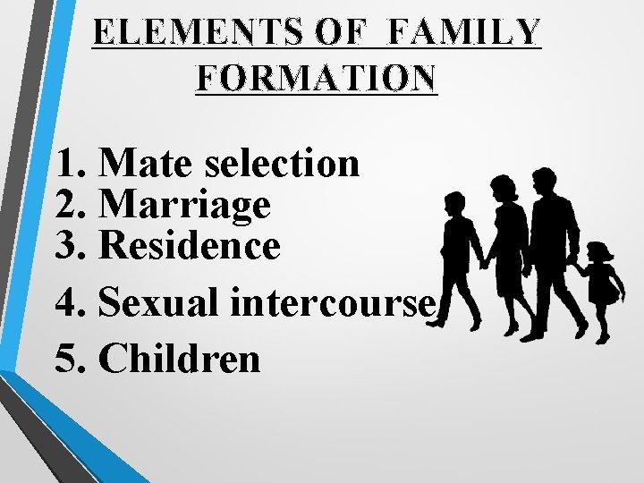 ELEMENTS OF FAMILY FORMATION 1. Mate selection 2. Marriage 3. Residence 4. Sexual intercourse