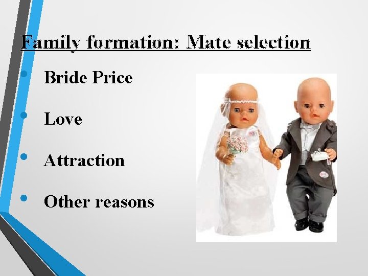 Family formation: Mate selection • Bride Price • Love • Attraction • Other reasons