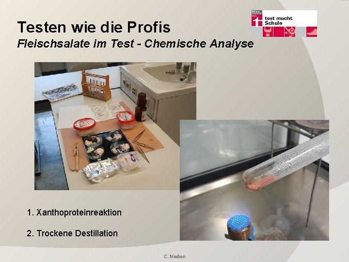 Testen wie die Profis Fleischsalate im Test - Chemische Analyse 1. Xanthoproteinreaktion 2. Trockene