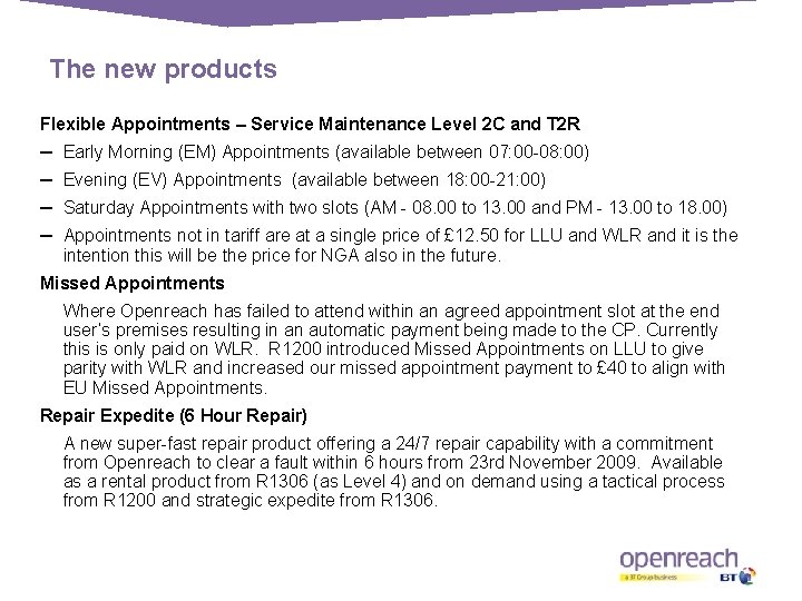 The new products Flexible Appointments – Service Maintenance Level 2 C and T 2