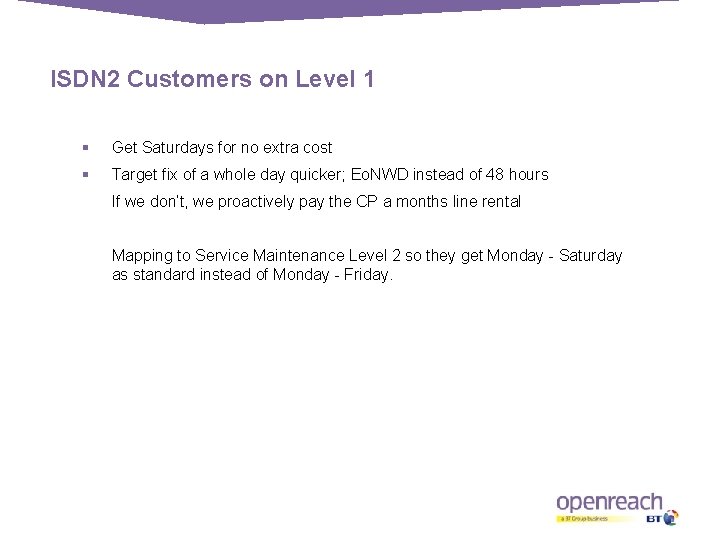 ISDN 2 Customers on Level 1 § Get Saturdays for no extra cost §