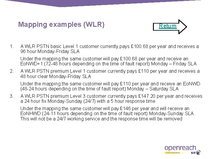 Mapping examples (WLR) 1. Return A WLR PSTN basic Level 1 customer currently pays