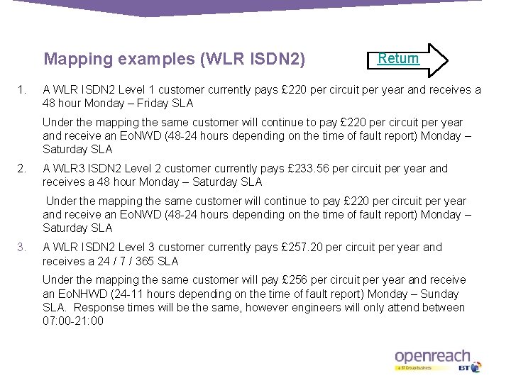 Mapping examples (WLR ISDN 2) 1. Return A WLR ISDN 2 Level 1 customer