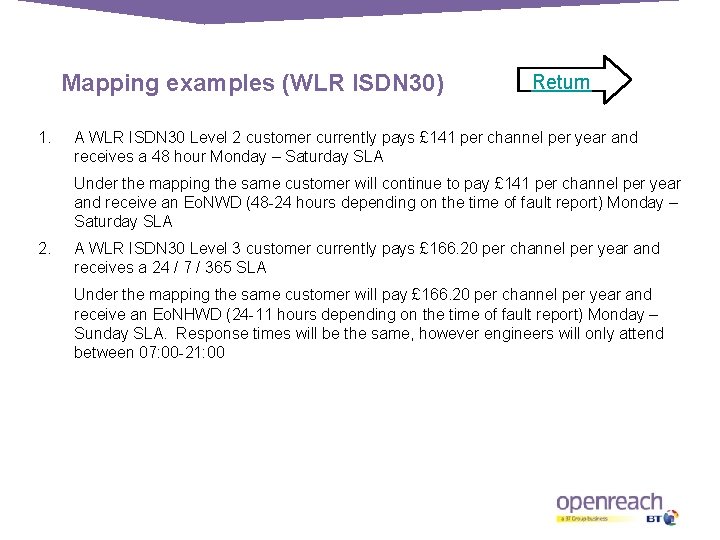 Mapping examples (WLR ISDN 30) 1. Return A WLR ISDN 30 Level 2 customer
