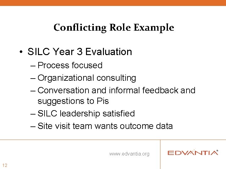 Conflicting Role Example • SILC Year 3 Evaluation – Process focused – Organizational consulting Conflicting Role Example • SILC Year 3 Evaluation – Process focused – Organizational consulting