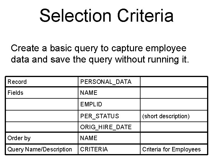 Selection Criteria Create a basic query to capture employee data and save the query