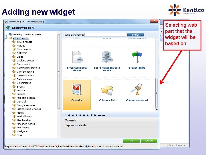 Adding new widget Selecting web part that the widget will be based on 