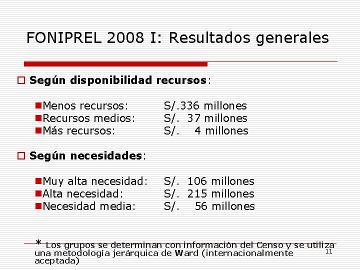 FONIPREL 2008 I: Resultados generales o Según disponibilidad recursos: n. Menos recursos: n. Recursos