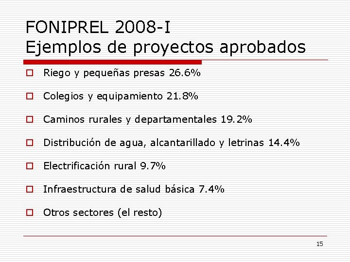 FONIPREL 2008 -I Ejemplos de proyectos aprobados o Riego y pequeñas presas 26. 6%