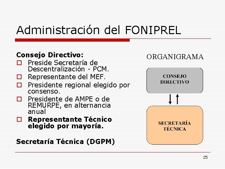 Administración del FONIPREL Consejo Directivo: o Preside Secretaría de Descentralización - PCM. o Representante