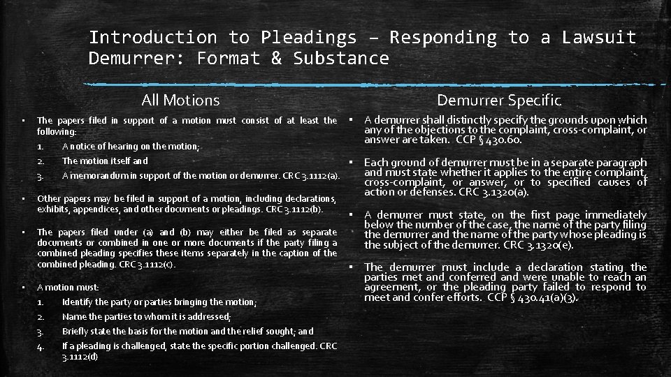 Introduction to Pleadings – Responding to a Lawsuit Demurrer: Format & Substance All Motions