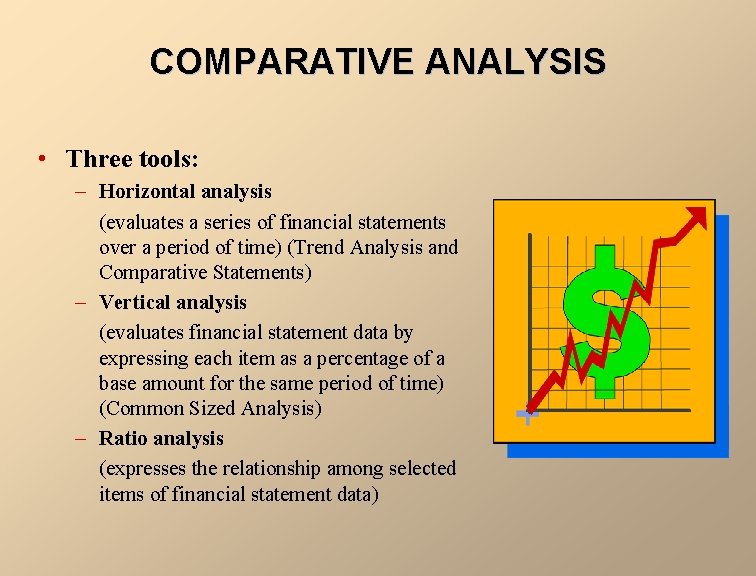 COMPARATIVE ANALYSIS • Three tools: – Horizontal analysis (evaluates a series of financial statements