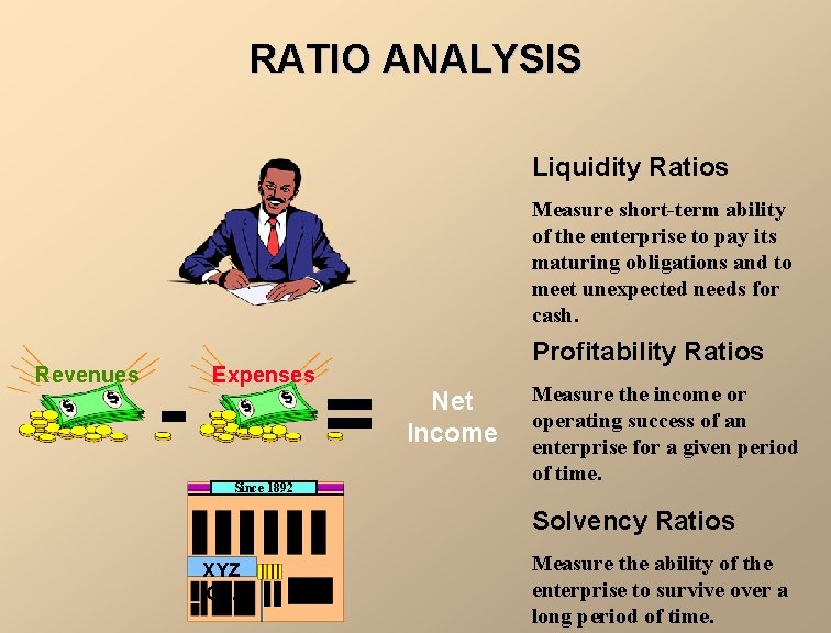 RATIO ANALYSIS Liquidity Ratios Measure short-term ability of the enterprise to pay its maturing