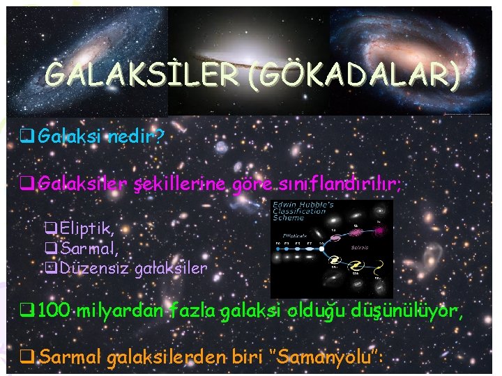 GALAKSİLER (GÖKADALAR) q Galaksi nedir? q Galaksiler şekillerine göre sınıflandırılır; q. Eliptik, q. Sarmal,